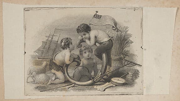 Banknote vignette with three putti as a shepherd, a farmer, and a sailor, by Asher Brown Durand