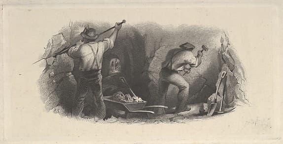 Banknote vignette showing two men working in a mine, by Asher Brown Durand