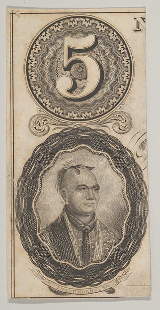 Banknote motifs: the number 5 and a portrait of Thayendanegea, by Asher Brown Durand