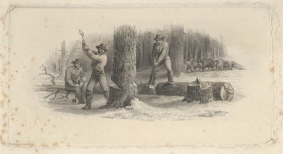 Banknote vignette showing woodsmen felling trees in a snowy forest, by Asher Brown Durand