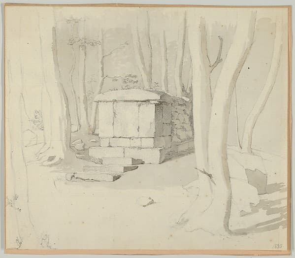 A Stone Tomb in a Forest; verso: Study of a Flower, by Christen Købke
