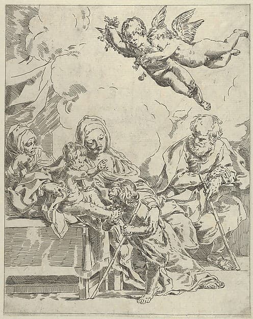 The Holy Family with young John the Baptist and Saint Elizabeth, two angels above, after Reni, by Flaminio Torre (Torri)