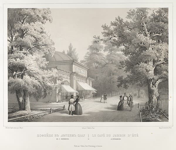 Le Café au Jardin d'été à St. Pétersbourg, from "Vues pittoresques des palais & jardins impériaux aux environs de St. Petersbourg", by J. Meyer