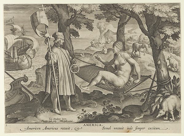 Allegory of America, from New Inventions of Modern Times (Nova Reperta), plate 1 of 19, by Theodoor Galle