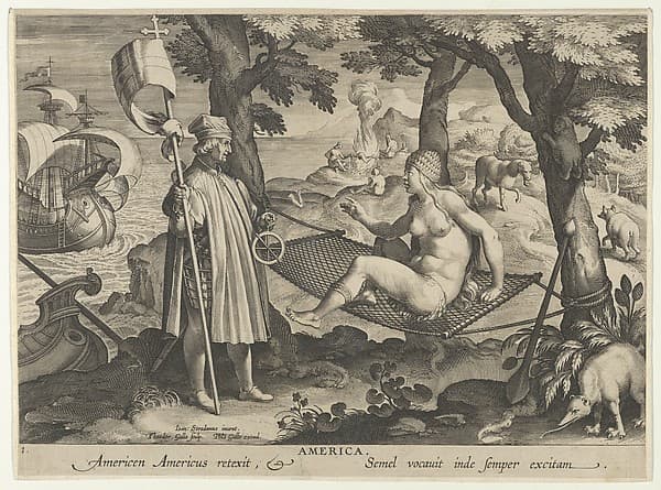 Allegory of America, from New Inventions of Modern Times (Nova Reperta), plate 1 of 19, by Theodoor Galle