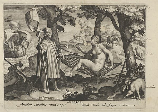 Allegory of America, from New Inventions of Modern Times (Nova Reperta), plate 1 of 19, by Theodoor Galle
