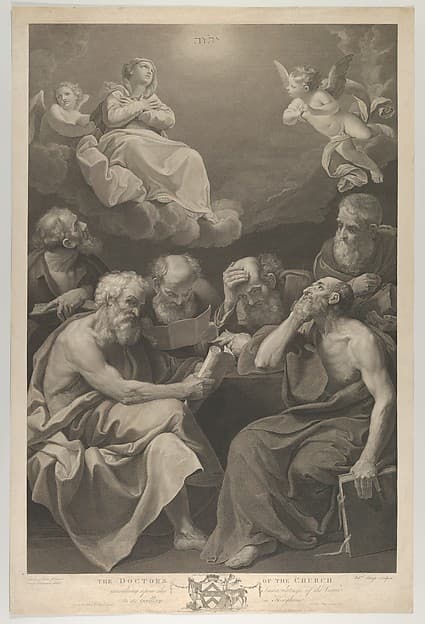 The doctors of the church consulting books and documents and contemplating the Virgin who is shown above in heaven, flanked by angels, after Reni, by William Sharp
