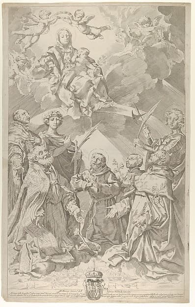 Patron saints of Bologna looking upwards at the Virgin who is seated in the clouds with the infant Christ on her lap, by Flaminio Torre (Torri)
