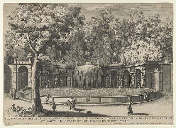 Book IV, plate 7: the fountain of the Tiburtine sibyl in the garden at Villa d'Este, Tivoli, from "The fountains of the Este garden in Tivoli" (Le fontane del Giardino Estense in Tivoli), by Giovanni Francesco Venturini