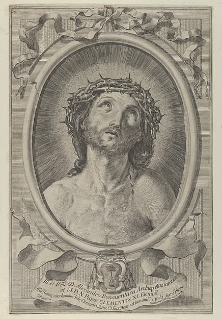 Head of Christ with crown of thorns, in an oval frame with a ribbon above and banderole below, after Reni, by Cajetanus Urbinas