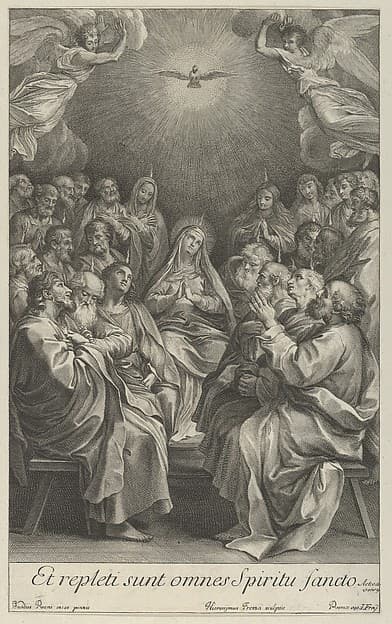 The Virgin with apostles looking up towards the Holy Dove and two angels, after Reni, by Giovanni Girolamo Frezza