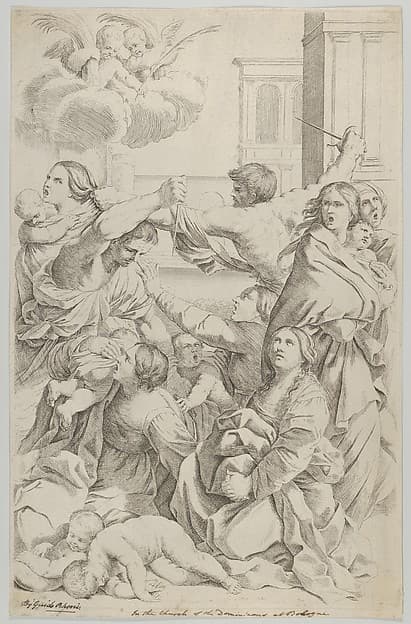 Massacre of the Innocents; group of women and children being attacked, two angels at upper left, after Reni, by Gian Battista Bolognini