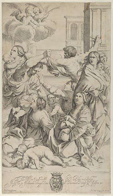 Massacre of the Innocents; group of women and children being attacked, two angels at upper left, after Reni, by Gian Battista Bolognini
