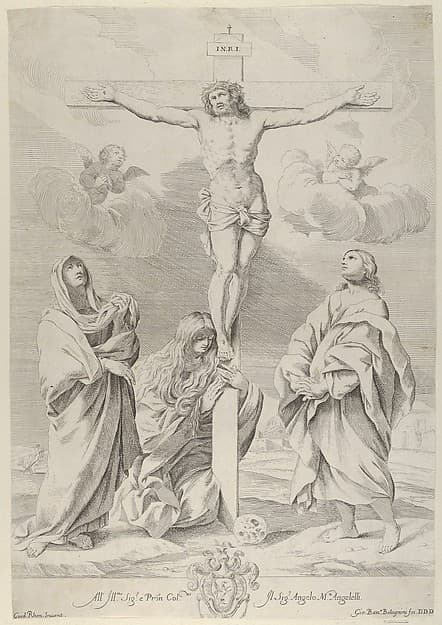Christ on the cross, Saint John the Baptist at right, Mary Magdelene and the Virgin at left, after Reni, by Gian Battista Bolognini