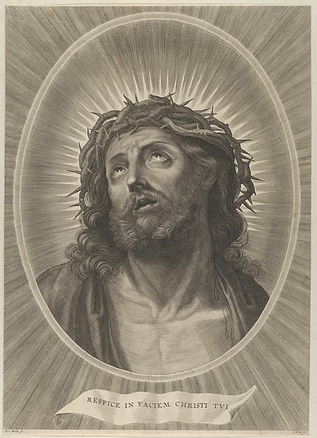 Head of Christ looking up with crown of thorns, in an oval frame, after Reni, by Adrian van Melar