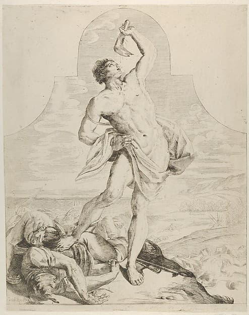 Samson holding the jaw bone of an ass over his head and standing next to the Philistines he has just killed, more dead bodies in the background, a tapered composition with rounded top, after Reni, by Flaminio Torre (Torri)