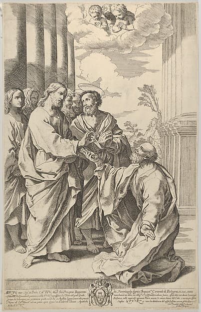 Christ giving the keys of the church to Saint Peter who kneels before him, by Gian Battista Bolognini
