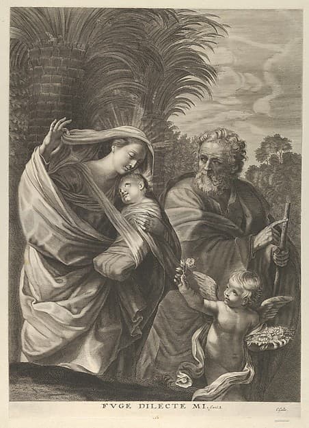 The Flight into Egypt; the Holy Family walking together, Saint Joseph pointing to the right and the Virgin carrying the infant Christ, an angel in front of her offering a flower, after Reni, by Anonymous