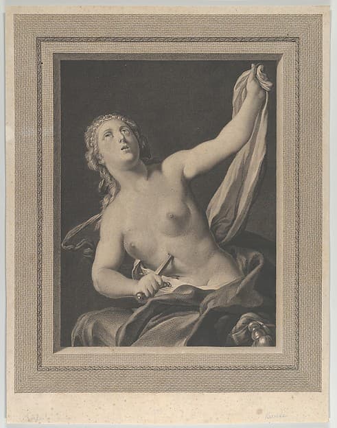 Lucretia seated, half naked, stabbing herself in the stomach with a dagger in her right hand and holding a cloth in her raised left hand, looking upwards, after Pellegrini?, by Louis Jacques Cathelin