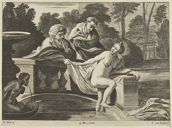 Susanna, partly naked and stepping out of a fountain with two elders at left, one of them pulling at her garment, after Reni, by Theodor van Kessel