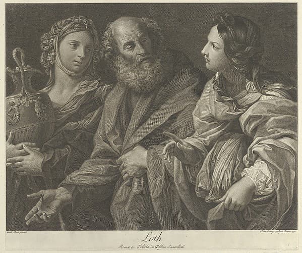 Lot flanked by his two daughters, one of them holding a decorated jug, after Reni, by Domenico Cunego