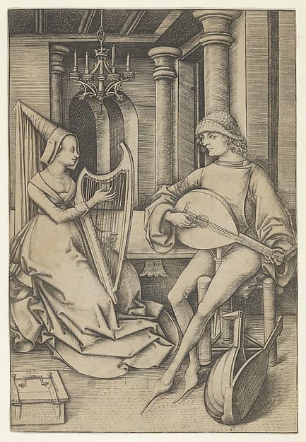 Lute Player and Harpist, from Scenes of Daily Life, by Israhel van Meckenem