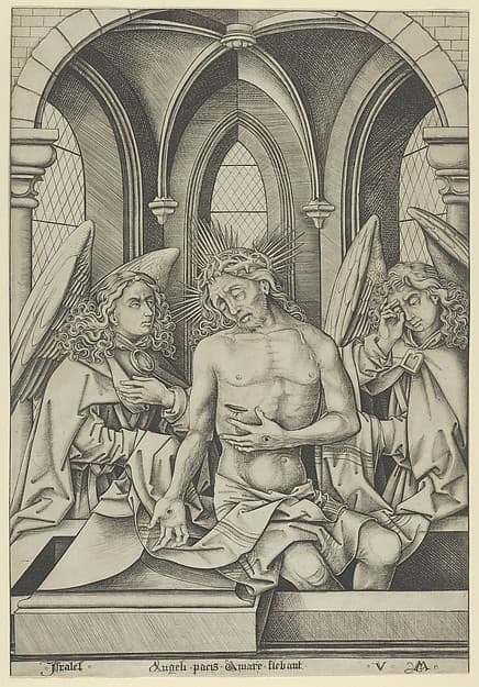 Christ as the Man of Sorrows Between Two Angels, by Israhel van Meckenem