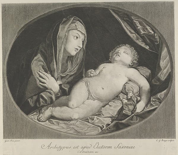 The Virgin with arms crossed over her chest looking at the sleeping infant Christ, in an oval frame, after Reni, by Ephraim Gottlieb Krüger