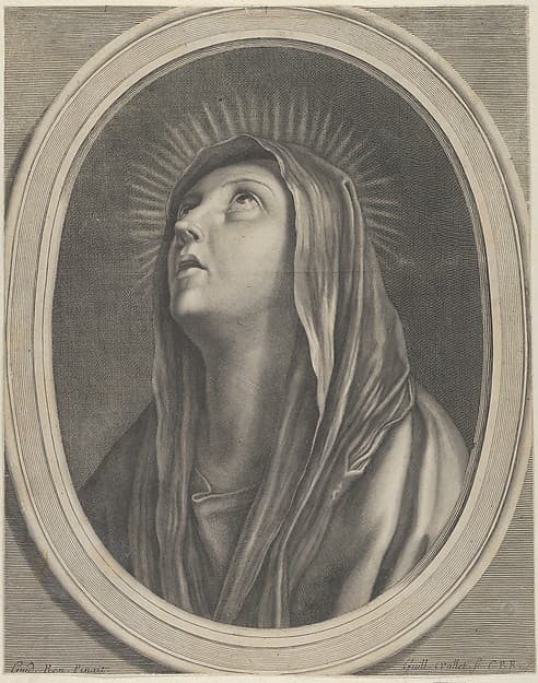The Virgin looking up to the left, in bust length in an oval frame, after Reni, by Guillaume Vallet