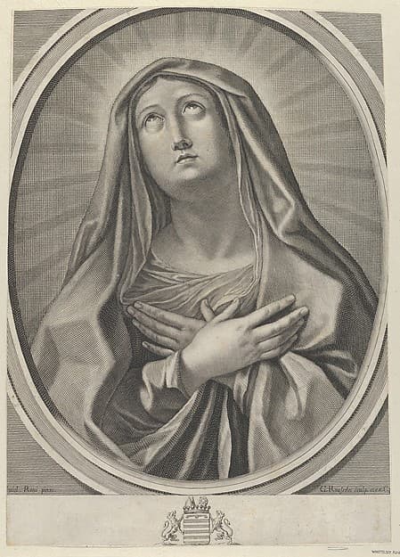 The Virgin with arms crossed over her chest, looking up to the left, in an oval frame, after Reni, by Gilles Rousselet