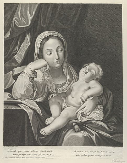 The Virgin seated with her head resting on her right hand, holding the sleeping infant Christ on her lap, after Reni, by Jean Boulanger