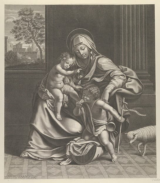 The Virgin seated with the infant Christ on her lap, the young Saint John the Baptist kneeling on Christ's cradle and caressing his foot, a lamb at right, after Reni, by Guillaume Vallet