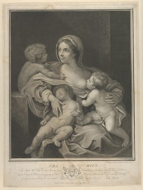 Charity seated nursing an infant, another sleeping on her lap and a third talking to her, after Reni, by John Keyse Sherwin