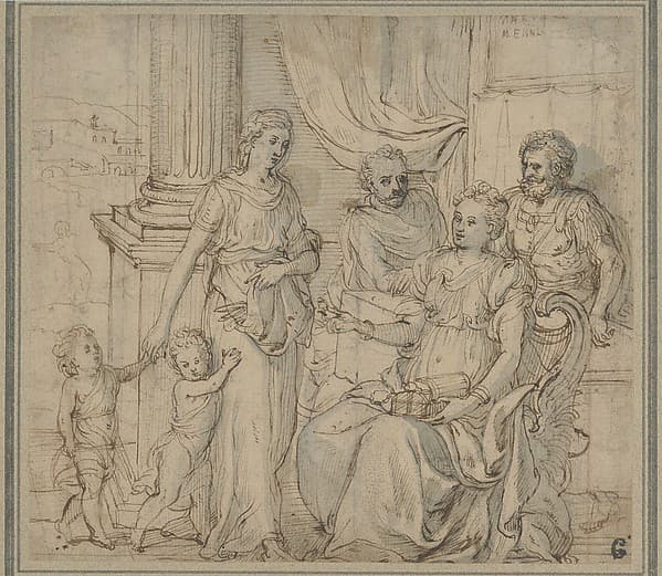 Cornelia, Mother of the Gracchi, Pointing to her Children as her Most Precious Ornaments, by Gillis Mostaert the Elder