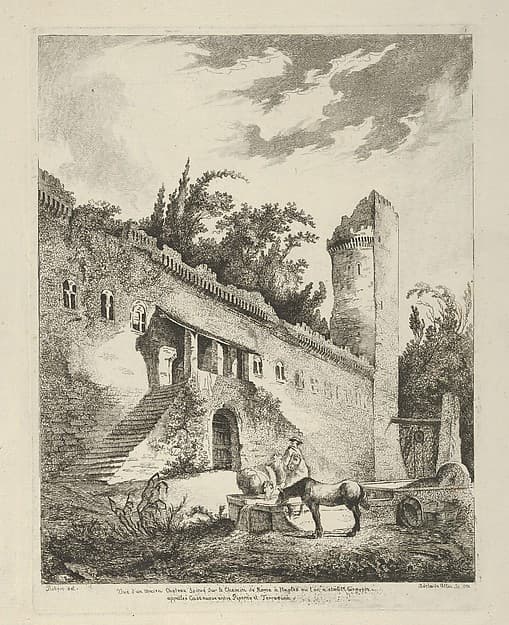 Vue d'un ancien chateau scitué sur le chemin de Rome à Naples from Differentes vues dessiné d'après nature... dans les environs de Rome et de Naples, by Adélaide Allou