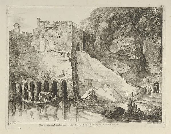 Vue des debris des bains de Neron from Differentes vues dessiné d'après nature... dans les environs de Rome et de Naples, by Adélaide Allou