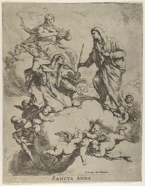 Christ holding a crown upper left, at right the Virgin receiving Saint Anne in Heaven, by Luca Giordano