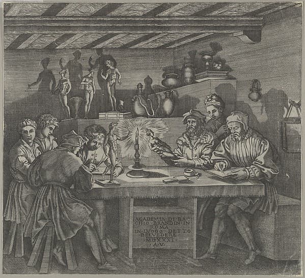 Baccio Bandinelli in his studio holding a statuette of Venus, students sketching from a model by candlelight, by Agostino Veneziano (Agostino dei Musi)