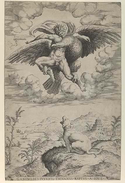 The Rape of Ganymede by Jupiter in the guise of an eagle carrying him into the heavens, his dog barking below, by Nicolas Beatrizet