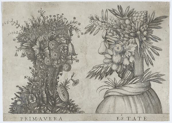 Spring and Summer: two heads made from flora typical of those seasons, by Anonymous, Italian, 16th to early 17th century