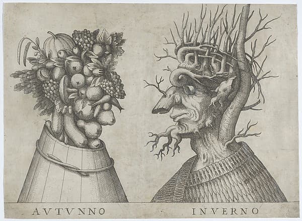 Autumn and Winter: two heads made from flora typical of those seasons, by Anonymous, Italian, 16th to early 17th century