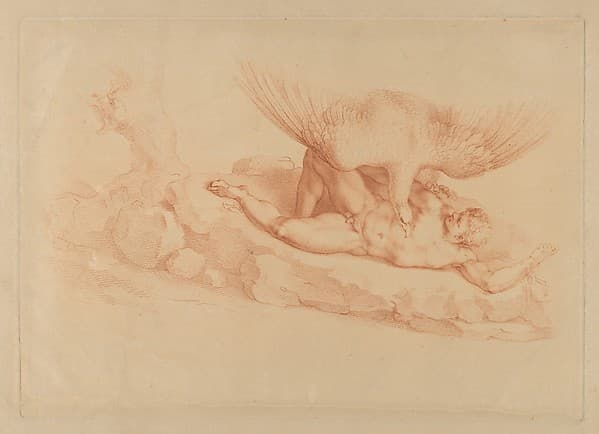 Prometheus, naked, chained to a rock, looking up at an eagle standing over him, by Francesco Bartolozzi