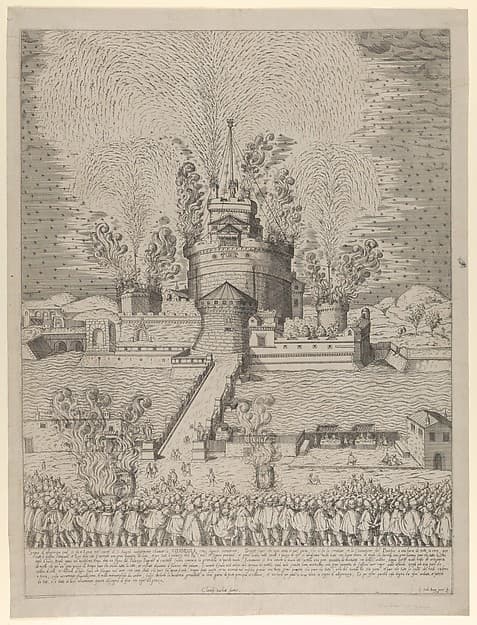 The firework display called 'Girandola' at the Castello Sant'Angelo in Rome, by Giovanni Ambrogio Brambilla