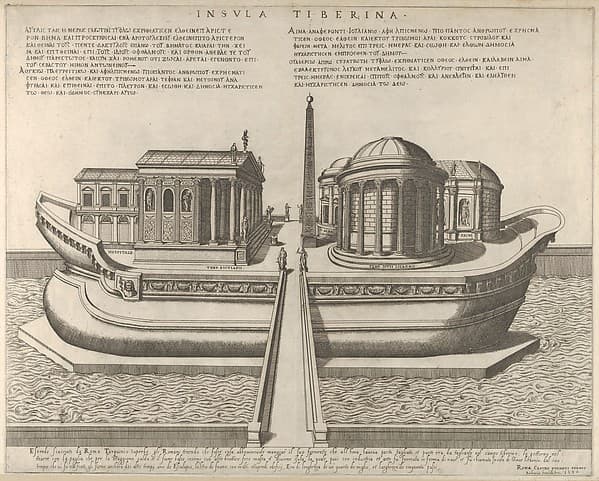 View of the Tiber Island represented as a ship, the Temple of Aesculapius at left, by Giovanni Ambrogio Brambilla