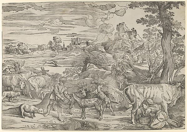 Landscape with a milkmaid at right and a boy at left, by Nicolò Boldrini