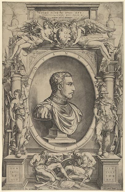 Portrait of Giovanni de' Medici facing right within an elaborate cartouche flanked by Victory at the left and Mars at right, winged figures holding Medici coat of arms top center, by Enea Vico