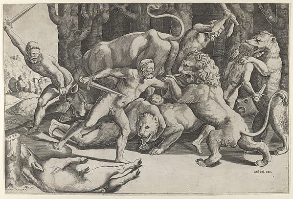 Five men fighting beasts, at lower left is a fallen boar, by Master of the Die