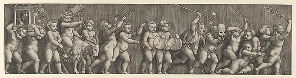 A frieze arrangement with a putto weating a laurel crown riding a goat at left and many infants playing musical instruments in front, by Master of the Die