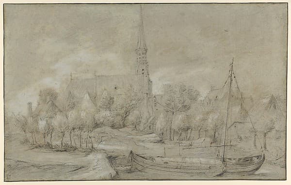 The Church of Saints Peter and Paul in Schelle, near Antwerp, seen from the North, with a Boat in the river Vliet, by Anonymous, Flemish, 17th century