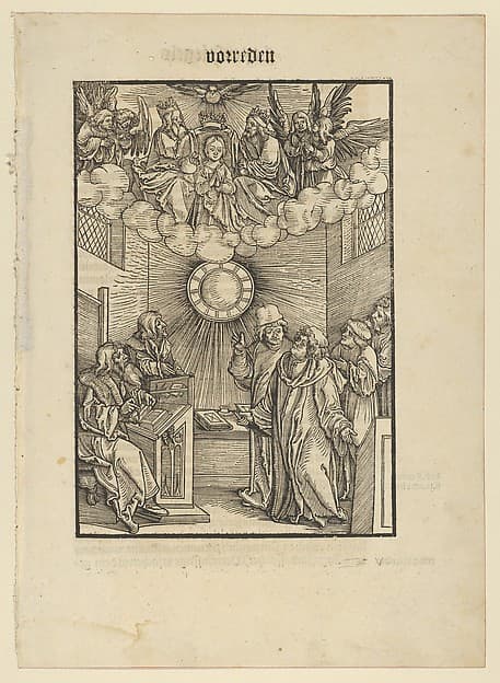 The Author Writing the Layenspiegel; The Trinity and the Virgin at the Upper Center, from "Der Neue Layenspiegel", by Hans Schäufelein